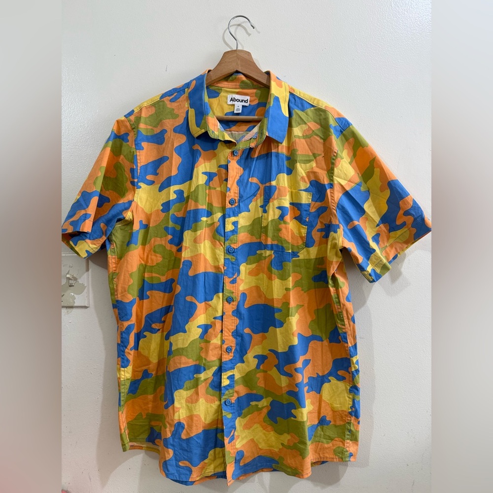 Abound Men's Short-Sleeve Button-Up Shirt in Blue, Orange, Yellow, Green Camo
